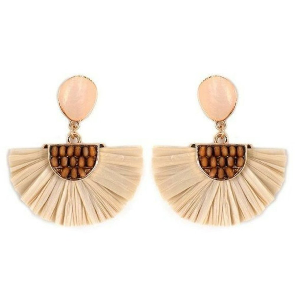 Viola Half Circle Earrings Wood Beads Raffia NWT